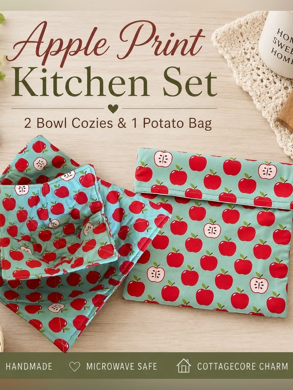Handmade Apple Print Bowl Cozies & Potato Bag Kitchen Set Cottagecore Farmhouse